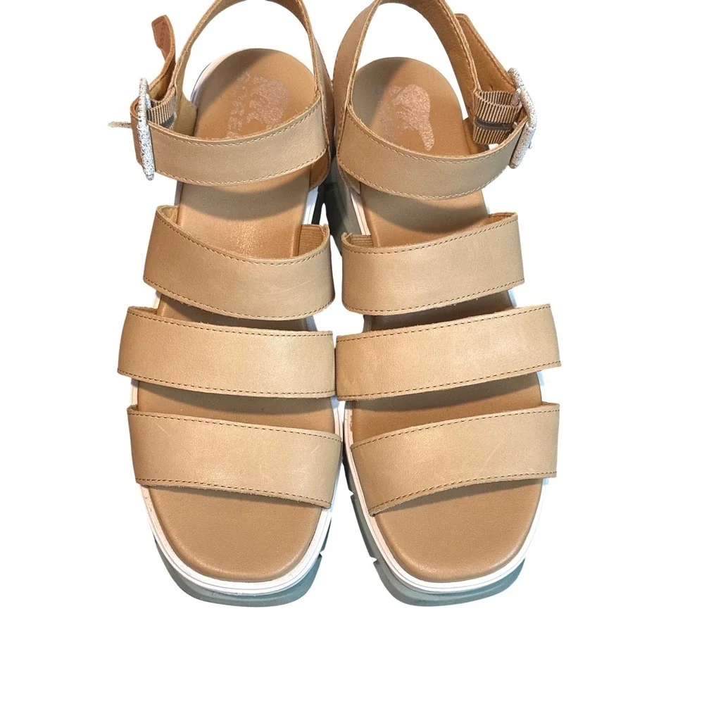 Sorel Joanie III Ankle Strap Wedge Sandals Honest Beige Crushed Blue Womens 8